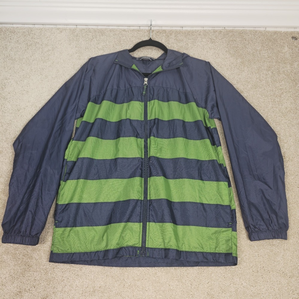 Lands' End Green/Navy Striped Windbreaker/Shell/Rain‎ Jacket Large 14-16